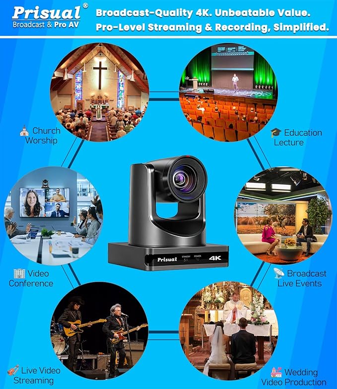 Prisual 4K HDMI/IP/USB PTZ Camera 20X, Advanced PTZ Auto Tracking Camera, 1/1.8”4K UHD 30P with Built-in Tally Light for Church Conference Events, PoE, PT20X-4K (NDI upgradable)
