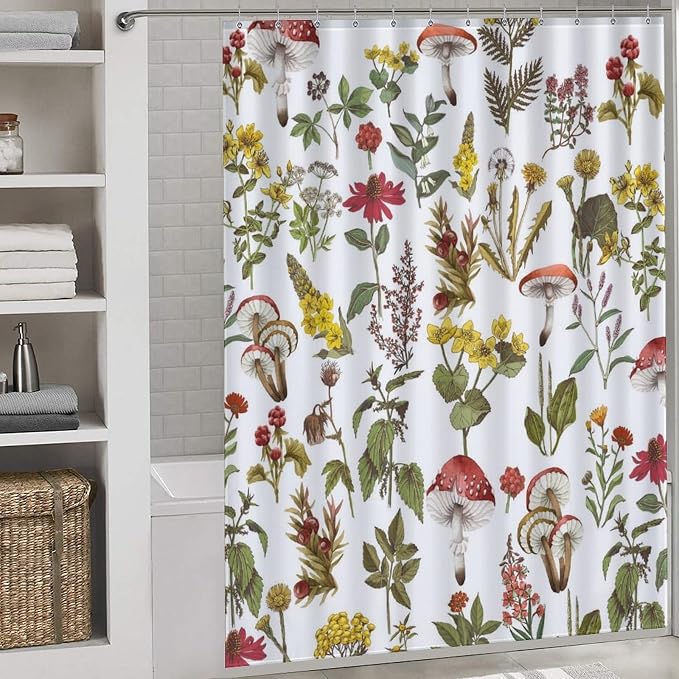 Mushroom Shower Curtain for Bathroom, Farmhouse Wildflower Botanical Mushroom Plants Leaf Sage Green Rustic Vintage Cottagecore Nature Waterproof Fabric Shower Curtain Set with Hooks, 72"x72" Inch