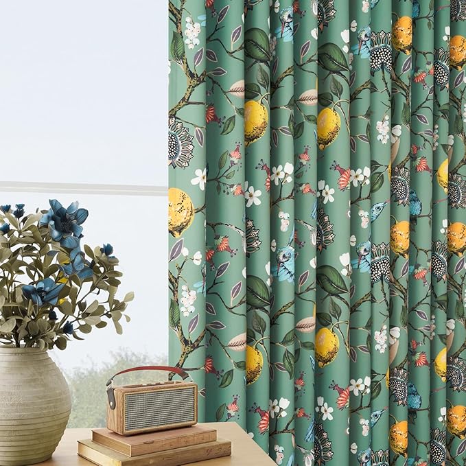 Vintage Boho Floral Pinch Pleated Curtains 84 Inches Long for Living Room,Sage Green Lemon Hummingbird Patterned French Country Drapes for Bedroom,Botanical Woodland Jungle Blackout Drapes,2 Panels