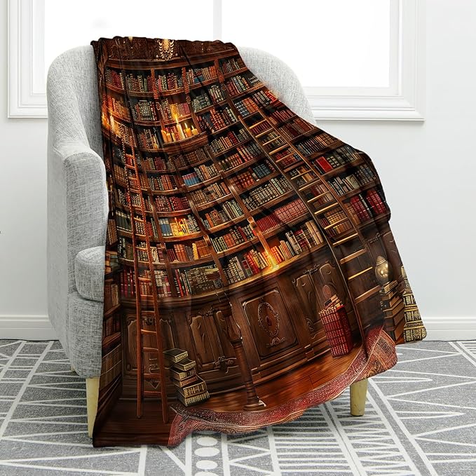 Jekeno Vintage Bookshelf Blanket Gifts for Women Men Kids Girls Boys Husband Dad Halloween Birthday Christmas Library Books Bookcase Candle Decor Bedroom Study Classroom Living Room Throw 50"x60"