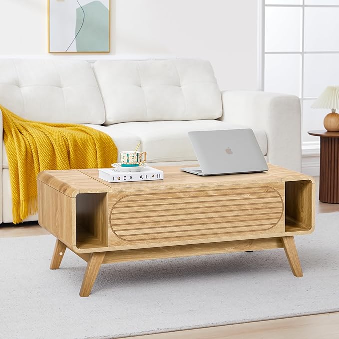 Small Lift Top Coffee Table with Hidden Compartment, Mid Century Modern Curved Coffee Table with Storage Shelf, Wooden Rectangle Center Table with Lift Tabletop for Living Room, Office (Natural)