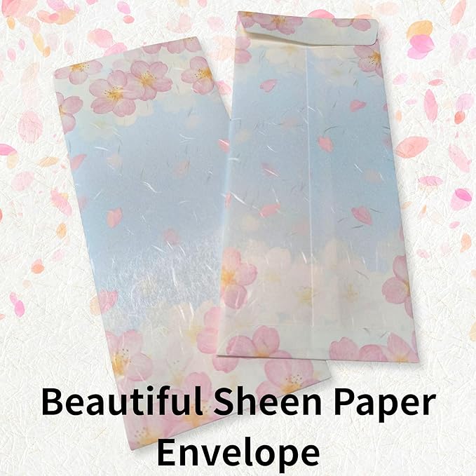 Japanese Cherry Blossom Envelopes 8 Pack, Made in Japan, (Blue Sky), Elegant Washi Paper, Self Sealing, Sakura