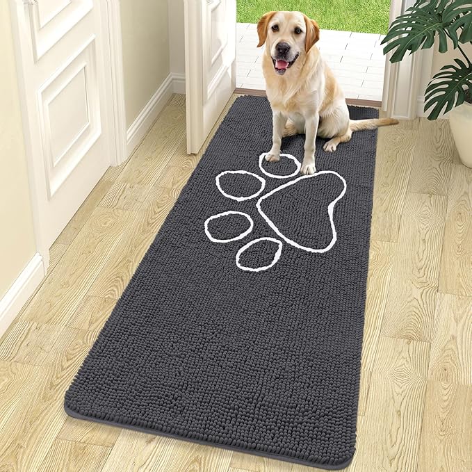 OLANLY Dog Door Mat for Muddy Paws 70x24, Paw Print Design, Absorbs Moisture and Dirt, Absorbent Non-Slip Washable Doormat, Quick Dry Chenille Mud Mat for Dogs, Entry Indoor Entryway Carpet, Dark Grey