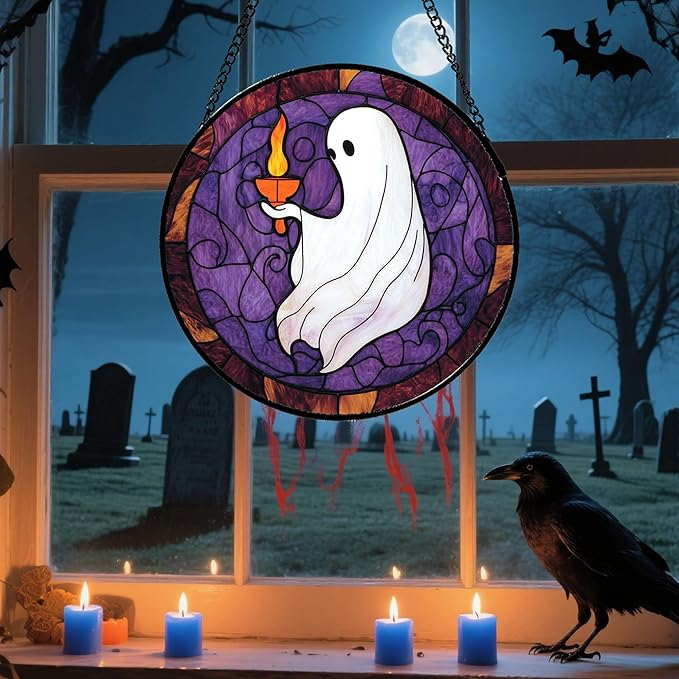 Stained Glass Window Hanging - Halloween White Ghost Purple Suncatcher for Doors Window Garden Spooky Candlelight Sun Catchers Gothic Decor Horror Gifts for Women Men Friend Boy Girl 9.8 in