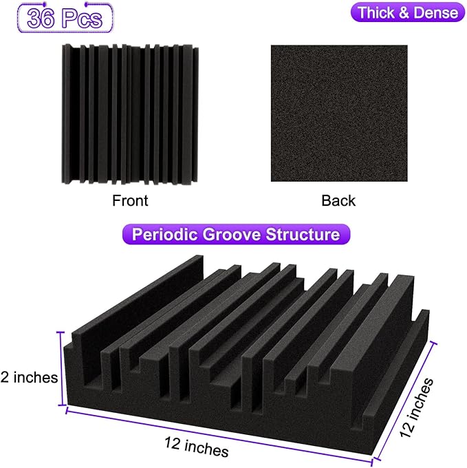 TroyStudio Thick Acoustic Foam Panels, 12 X 12 X 2 Inch 36 Pcs Broadband Sound Absorbing Foam, Dense Soundproof Padding Tile, Recording Studio Foam Absorber, Groove Decorative 3D Wall Ceiling Panel