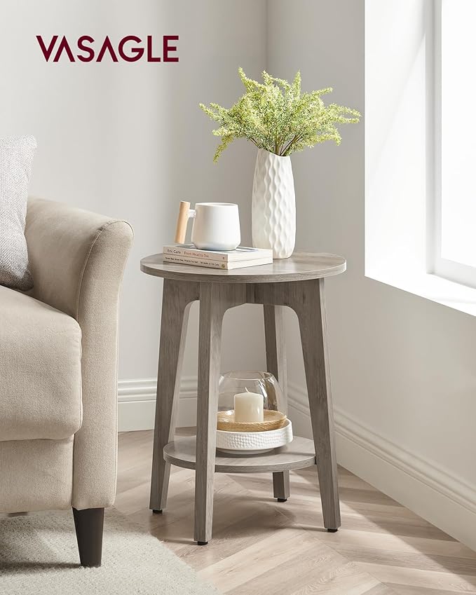 VASAGLE MAEZO Collection - Side Table, 2-Tier Small Round End Table, Nightstand with Tapered Legs, Curved Transitions, for Small Spaces, Living Room, Bedroom, Heather Greige ULET283T02