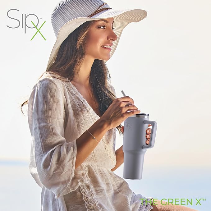 SIPX™ 40 oz Insulated Tumbler with Handle & Straw – Vacuum Insulated Stainless Steel, Leakproof, Cupholder Friendly – Perfect for Iced Coffee, Water & Travel – Grey