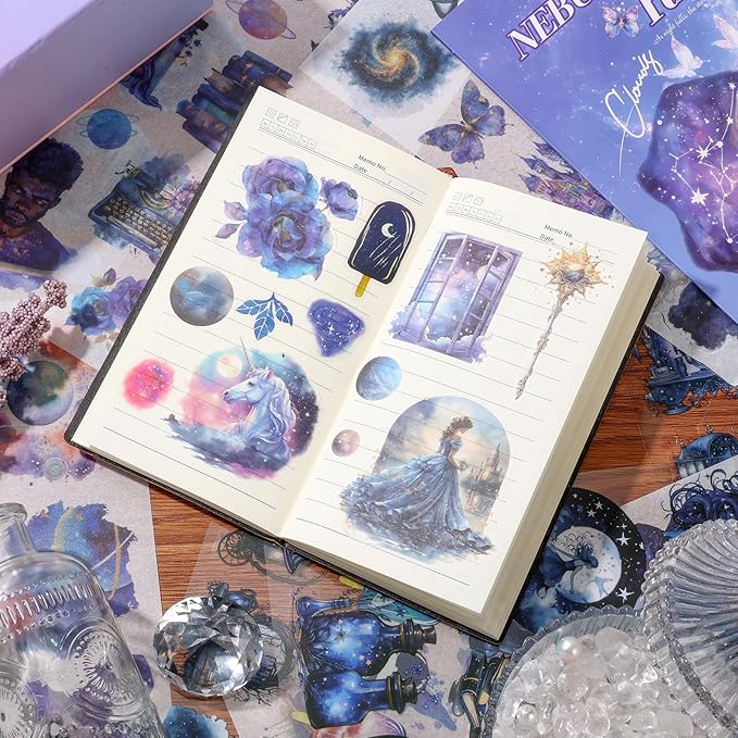 Auguro Fantasy Magic Scrapbook Stickers 20 Sheets 240 Pre-Cut Washi Stickers for Journaling PET Transparent Book Sticker Decorative or DIY Paper Crafts, Arts and Crafting Projects