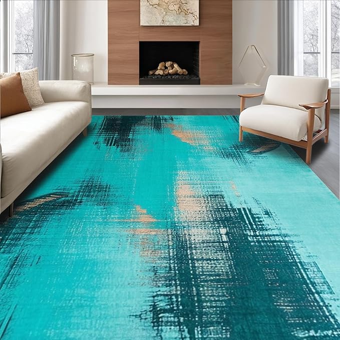 Flatwoven High Traffic Area Rug 8x10, Verdigris Patina Abstract Swirls and Brushstrokes, Non Slip, Stain Resistant, Washable Area Rugs for Living Room, Bedroom (Teal, 8x10)