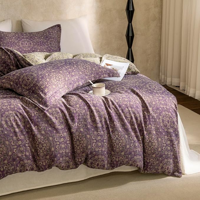 Full Duvet Cover Set Purple Green Floral Duvet Cover Exquisite Jacquard Flower Bedding Set Boho Medallion Vintage Floral Comforter Cover Linen Cotton Yarn-Dyed Textured Duvet Cover with Zipper Ties
