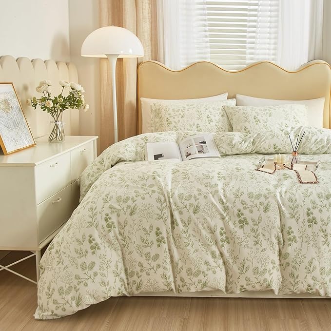 Garden Style Green Floral Comforter Set Queen White Soft Fluffy Microfiber Comforter Chic Floral Printed Bedding Set Vintage Flowers Leaves Botanical Comforter Set All Seasons Queen Comforter Set