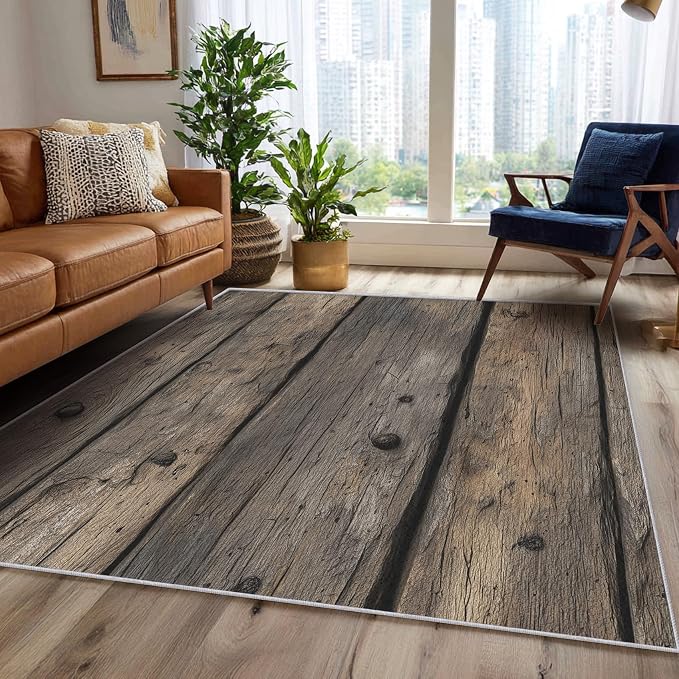 Wood Plank Farmhouse Area Rug, Rustic Vintage Texture Pattern Carpet, Washable Non Slip Low Pile Soft Thin, Living Room Bedroom Home Decor Mat 5x6ft
