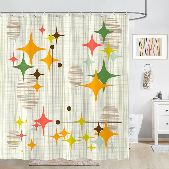 Mid Century Modern Shower Curtain Retro Stars Shower Curtains for Bathroom Abstract Vintage Boho Art Waterproof Fabric Bath Curtain Decor with Hooks (Yellow1, 72'' x 72'')