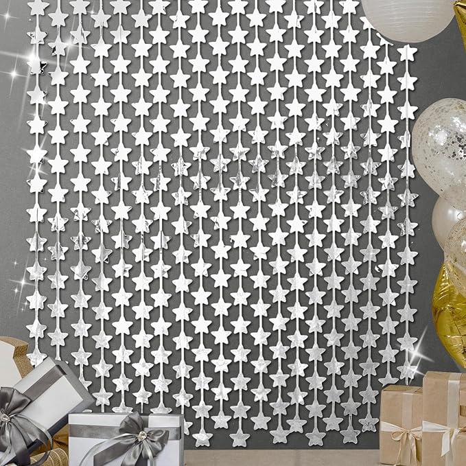 LOLStar 2 Pack Glitter Silver Stars Birthday Decorations 3.3X6.6 ft Each Silver Star Backdrop Foil Fringe Curtains,Perfect for New Year Eve 2026 Twinkle Star Space Celebration Disco Party Decor