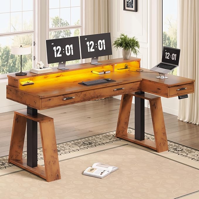 SEDETA 59 Inch L Shaped Electric Standing Desk with Drawers, Executive Adjustable Desk with Power Outlets, Monitor Stand, Sit Stand Computer Table for Home Office, Brown