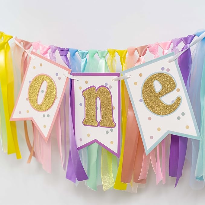 Rainbow High Chair Banner 1st Birthday - Sweet One Highchair Banner, Pastel Rainbow Ribbon Garland Decor for First Birthday Party, Smash Cake, Photo Props