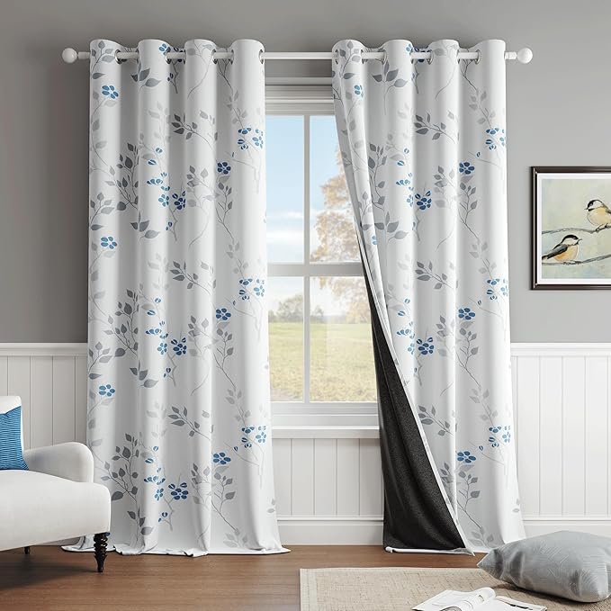 Beauoop Floral 100% Blackout Curtains 108 Inches Long 2 Panels for Bedroom Living Room Blue Grey and White Flower Patterned Room Darkening Thermal Soundproof Grommet Window Treatments Drapes, 52X108