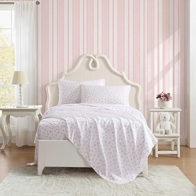Laura Ashley Kids - Twin XL Sheet Set, Soft & Wrinkle-Resistant Toddler Bedding Set, Deep Pockets, Girl Bed Sheets with Matching Fitted Sheet & Pillowcase (Busy Bee Pink)