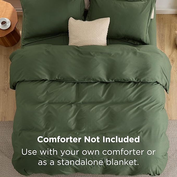 Bedsure Duvet Cover with Fitted Sheet Queen - Warm Deep Pocket, Hotel Luxury Soft Double Brushed Bedding Set with Zipper Closure, 1 Duvet Cover, 1 Fitted Sheet, 2 Pillow Shams, NO Comforter, Green