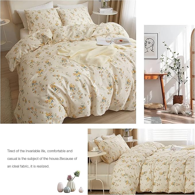 LIFETB Yellow Botanical Duvet Cover King Soft Cotton Floral Bedding Sets Chic Aesthetic Comforter Cover Vintage Garden Style Flower Print Duvet Cover Luxury Bedding Sets