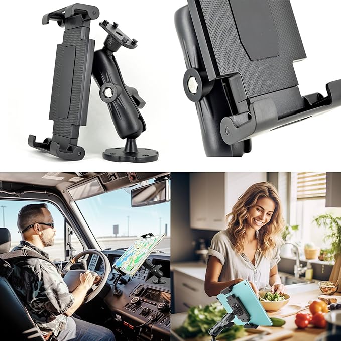 VAUBORTTI Aluminum Arm Heavy Duty Tablet Mount Drill Base - for 6.5"-12.9" Tablet iPad Pro/Mini, iPad Holder for Truck, Car,Dashboard,Desk,Wall-Swivel with 1 inch/25mm Ball Joint