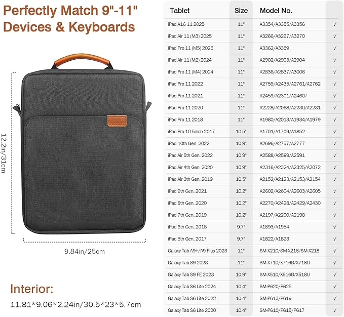 MoKo 9-11 Inch Tablet Sleeve Bag Handle Carrying Case with Shoulder Strap Fits iPad Pro 11 inch,iPad 10th 10.9,iPad 9/8/7th Generation 10.2,iPad Air 5/4th 10.9,iPad 9.7,Tab S8/S9 11", Black & Gray