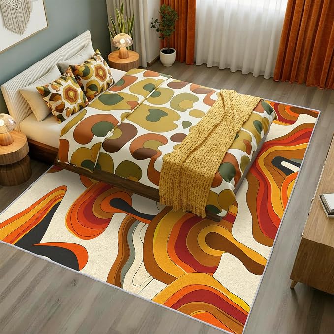 70s Retro Rug 3x5 Psychedelic Funky 1970s Abstract Pattern Area Rugs for Living Room, Bedroom, 70s Retro Home Decor Accessories Indoor Carpet, Non Slip & Machine Washable, GD0334