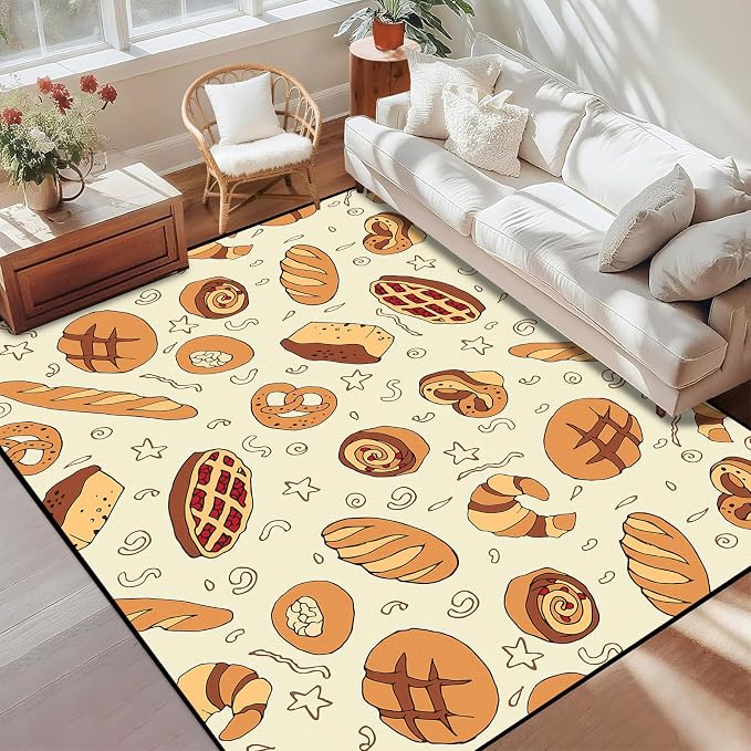 Cute Bread Area Rug 3D Cattoon Carpt Waffle Croissant and Muffin Rugs for Entryway Bedroom Living Room Kitchen Home Decor Washable Non Slip Floor Mat,3'x5'