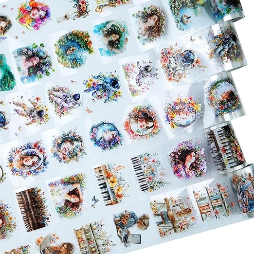 AuriicLeaf Dreamy Floral PET Tape Set with Clip, 6 Rolls Pre-Cut Vintage Tape for Journaling, Scrapbooking, DIY Crafts, and Planners