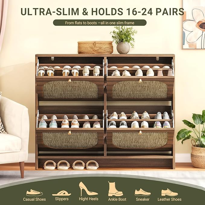 Nicetree Rattan Arched Accent Shoe Storage Cabinet - Freestanding Ultra Slim for Entryway, 4 Flip Drawers & 3-Tier Adjustable Shelves, Farmhouse Modern Rustic Shoe Rack for Hallway, Foyer, Living Room