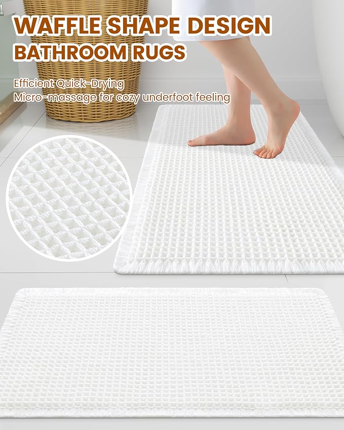 Smiry Waffle Bath Mat 40x32, Extra Soft Absorbent Bathroom Rugs, Non Slip Machine Washable Quick Dry Bath Rugs for Bathroom Floor, Tub, Shower, Home Decor Accessories, White