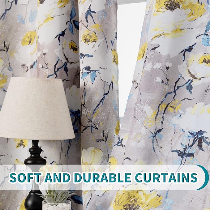 MYSKY HOME Yellow Floral Curtains, 108 Inch Length, 2 Panels, Thermal Insulated, Room Darkening, Grommet, Vintage Decorative Curtains for Living Room in Grey and Yellow
