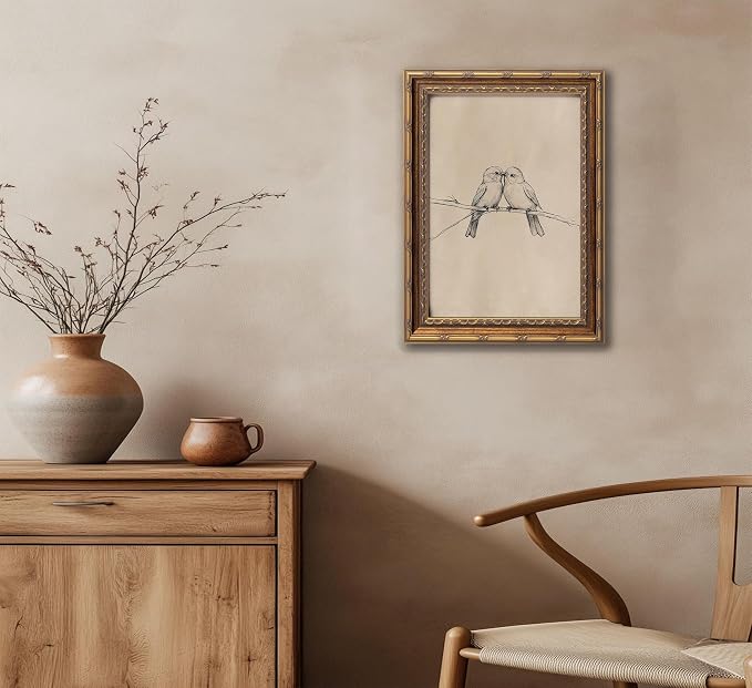 Vintage Gold Framed Bird Canvas Wall Art Two Birds Sketch Wall Decor Vintage Farmhouse Sketch Animals Artwork Retro Birds Painting Retro Rustic Print for Farmhouse Bedroom Living Room 16X24in