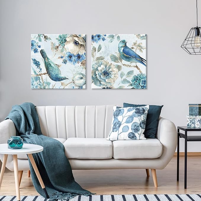 SEVEN WALL ARTS Birds and Flowers Canvas Wall Art 2 Pieces Print Picture Abstract Navy Blue Birds on Blossom Floral Tree Painting Garden Themed Artwork for Bedroom Living Room Office Painting Photo