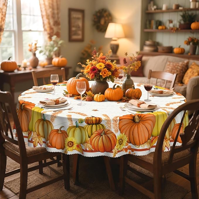 Eikione Round Thanksgiving Tablecloth, Round Fall Tablecloth 60 Inch, Pumpkin Table Cloth, Autumn Harvest for Christmas, Holiday, Birthday, Thanksgiving, Harvest