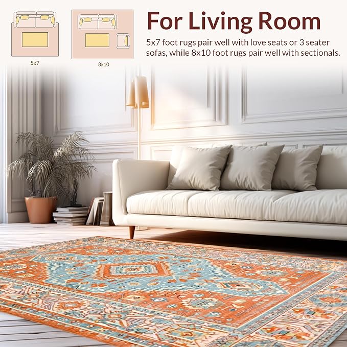 Flatwoven High Traffic Area Rug 4x6, Southwest Desert Bloom Motif Floor Covering with Elegant Detail, Non Slip, Stain Resistant, Washable Area Rugs for Living Room, Bedroom (Blue, 4x6)