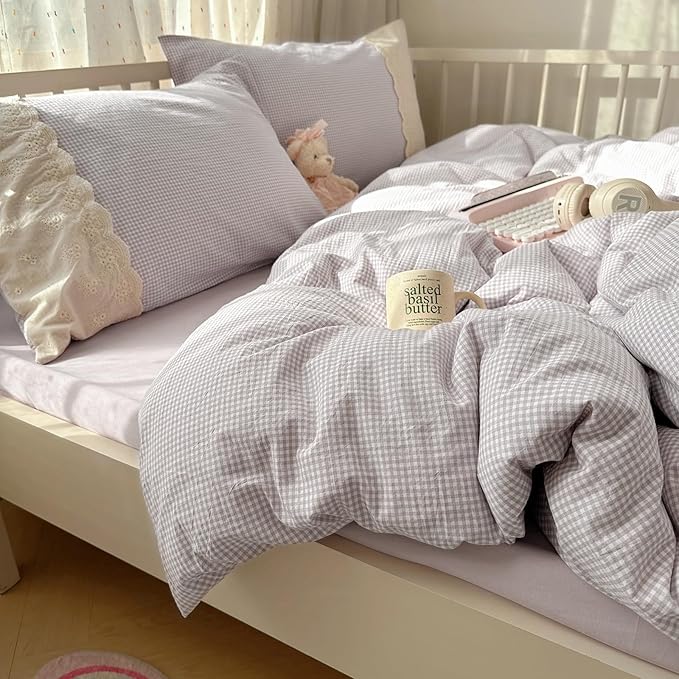 LifeTB Purple Gingham Comforter Set Twin XL Fluffy Soft Princess Style Girls Lace Bedding Set Cottagecore Cute Plaid Checkered Comforter with 2 Pillowcases Chic Gingham Bedding Grid Comforter Set