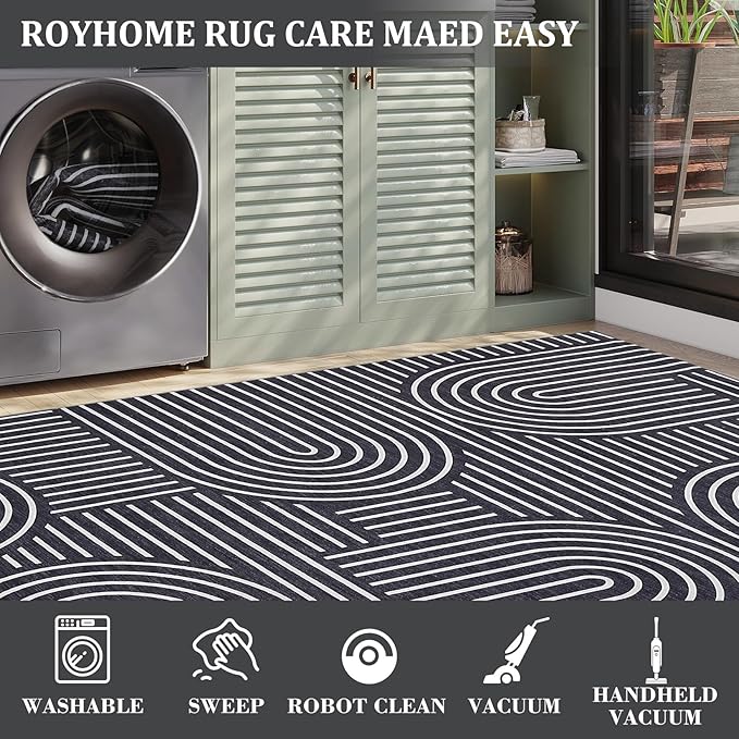 Washable 6x9 Black Area Rug for Living Room Modern Geometric Wave Print Accent Rug Non Slip Office Carpet Thin Foldable Boho Solid Indoor Floor Carpet for Bedroom Dining Room, Black