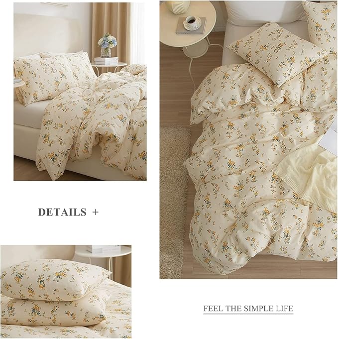 LifeTB Bed Linen Set, Queen Botanical Floral Duvet Cover Set with 2 Pillowcases, 100% Cotton, Zipper Closure, 90x90in