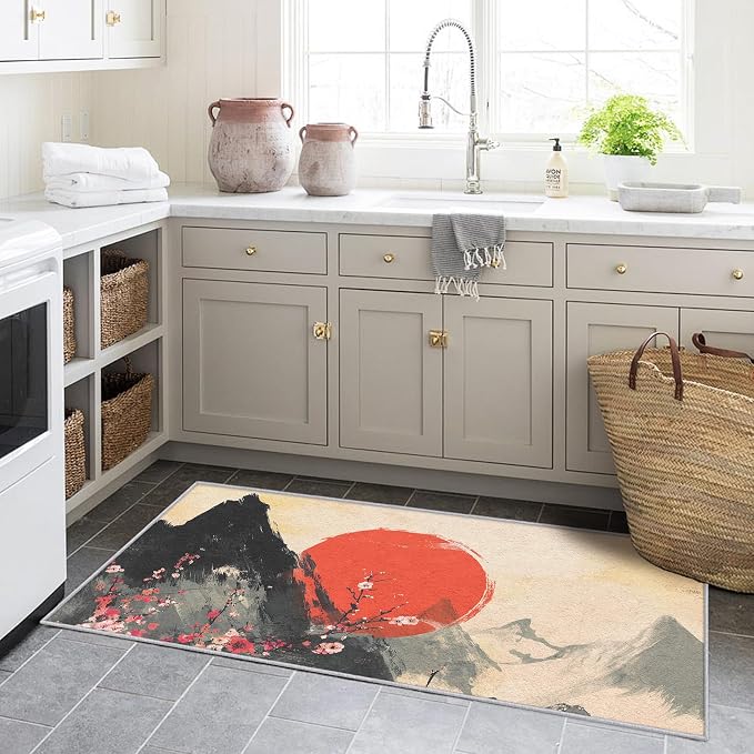 Japanese Runner Rug 4x10, Red Sun Cherry Blossom Mountain Landscape Design, Traditional Asian Art Area Rug, Washable Non-Slip Floor Carpet Runner for Bedroom, Dining Room, Living Room Aisle