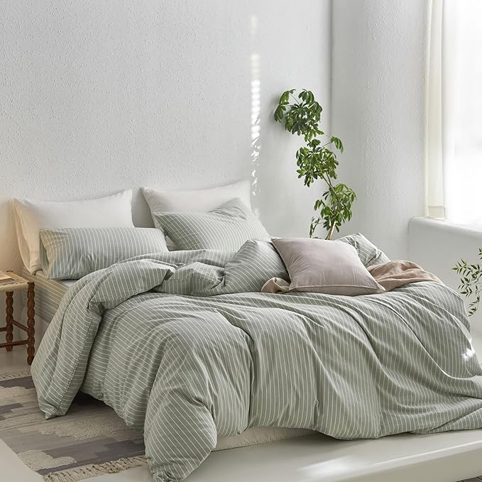 MooMee Striped Duvet Cover Set 100% Washed Cotton Linen Like Textured Breathable Durable Soft Comfy (Sage Green White Wide Stripes, Full 80"x90")