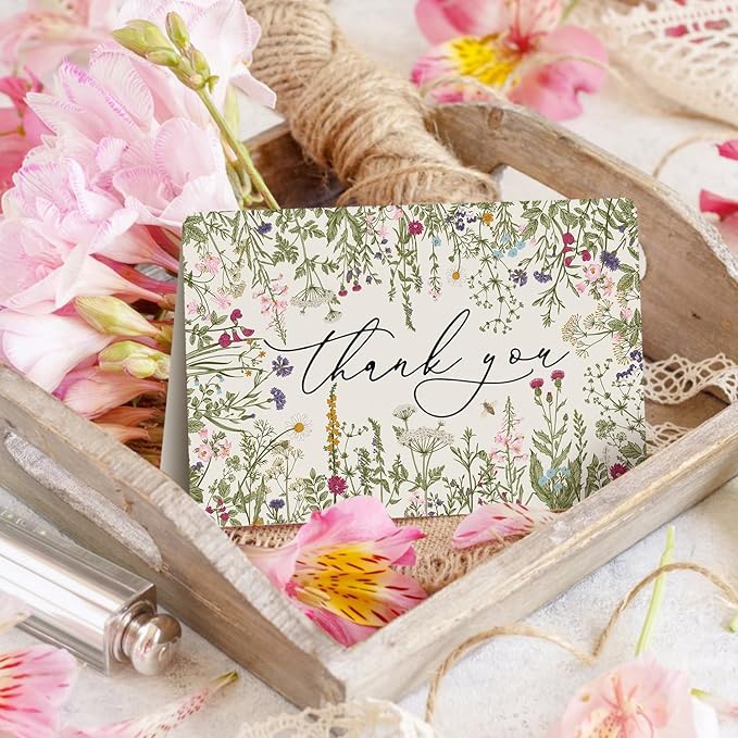 Artoid Mode 24 Pack Leaves Wildflower Thank You Cards Flower Greeting Cards Gift With Envelope Sticker Blank Note Cards for Birthday Wedding Baby Shower Bridal Shower, 4 x 6 Inch