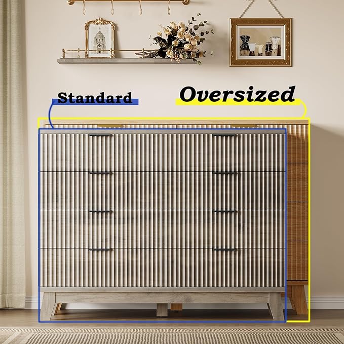 BORNOON Fluted 8 Drawer Tall Dresser, 47.2" Wide Modern Boho Chest of Drawers, Wooden Storage Dresser TV Stand for Bedroom, Living Room, Closet, Hallway, Curved Profile Design