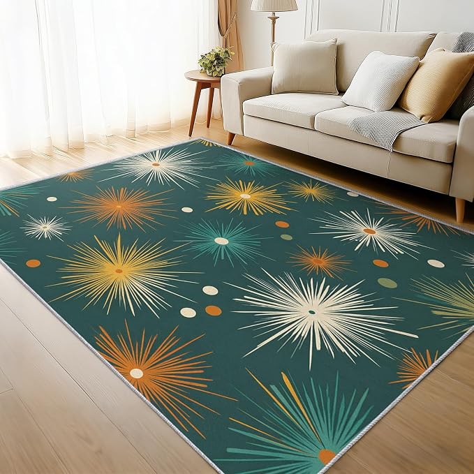 Abstract Atomic Rugs for Living Room Decor, 4x6 ft, MCM Geometric Starburst Area Rugs for Bedroom, Soft Non Slip Washable Mid Century Modern Carpet Home Decorations D-g48