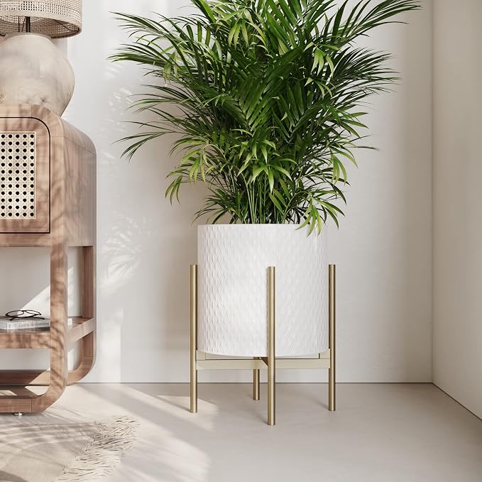EverNest Claire Mid-Century Modern White Planter and Stand, Indoor Plant Pot, SelectBase, Minimalist Aesthetic, Home Decor for Plants - (Gold Base, Medium)