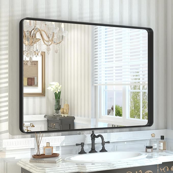 44x30 Inch Black Metal Framed Bathrrom Mirror for Wall, Black Rounded Rectangle Mirror, Matte Black Bathroom Vanity Mirror, Anti-Rust, Tempered Glass, Hangs Horizontally or Vertically