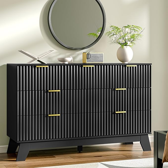 HUANLEGO Fluted Dresser for Bedroom with 7 Drawer, Mid Century Modern Chest of Drawers, 48" Wide Natural Wood Dresser for Closet, Wooden Boho Chest Closet Storage TV Stand for Bedroom, Black