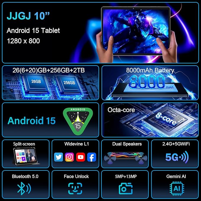 JJGJ 2026 Android 15 Tablet with Keyboard, 26GB+256GB, 2TB Expand, 10 Inch Tablet with Octa-Core, 8000mAh, 5G WiFi, BT5.0, Widevine L1, Gemini AI, 2-in-1 Tablets with Case, Mouse, Stylus(Black Case)