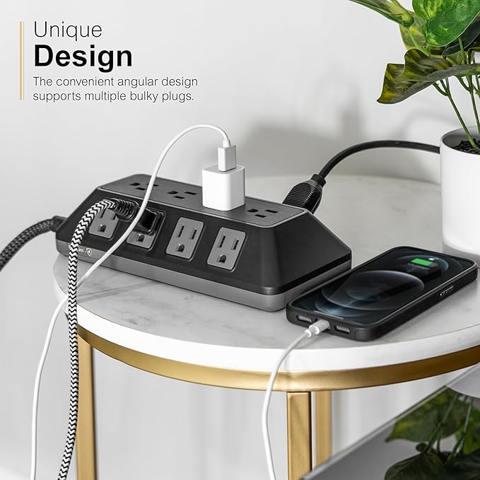GE UltraPro 12-Outlet Surge Protector, 8 Ft Braided Extension Cord, Multi Plug Outlet Extender, Adapter Spaced, Flat Plug, for Home, Office, Dorm, 3540 Joules, Black, 81784