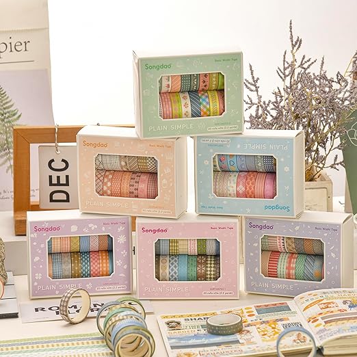Songdao 20 Rolls Basic Washi Tape Set Japanese Arts Adhesive Tapes Simple Patterns Decorative Masking Tape Sets for Craft, Kids, Scrapbook, DIY, Gift Wrapping (Style Six)